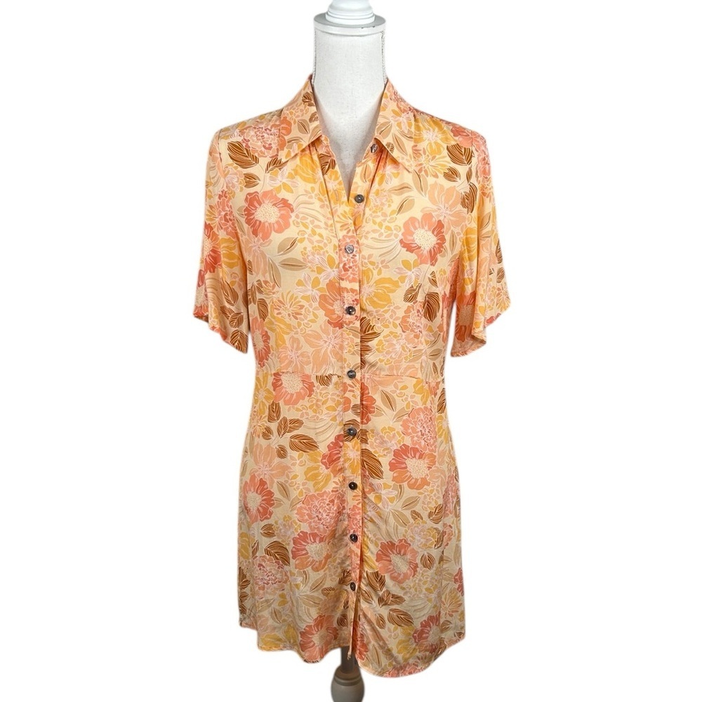 Oliveaceous Coral Orange Floral Boho Summer Casual Button Down Dress Size‎ Small